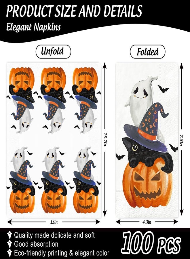 Whaline 100Pcs Halloween Guest Napkins Pumpkin Ghost Black Cat Disposable Paper Napkin Trick or Treat Spooky Boo Dinner Hand Napkin for Kitchen Bathroom - Image 2